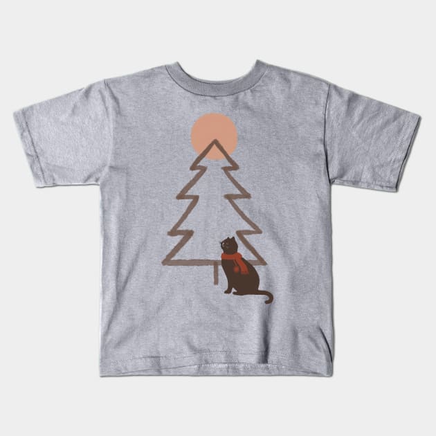 Abstract Minimal Christmas tree and cat Kids T-Shirt by Chewbarber